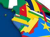Cameroon, Gabon and Congo on globe with flags