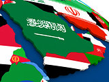 Arab peninsula on globe with flags