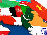 Afghanistan and Pakistan on globe with flags