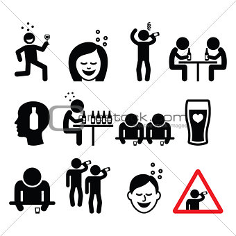 Drunk man and woman, people drinking alcohol icons set