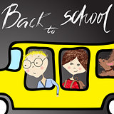 Kids riding on school bus. Handwritten lettering. Back to school.