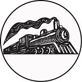 Steam Train Locomotive Coming Up Circle Woodcut
