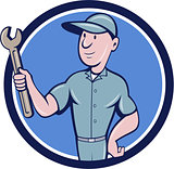 Handyman Holding Spanner Circle Cartoon 