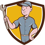 Handyman Holding Spanner Crest Cartoon 