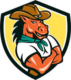 Cowboy Horse Arms Crossed Shield Cartoon