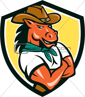 Cowboy Horse Arms Crossed Shield Cartoon