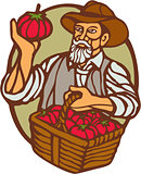 Organic Farmer Tomato Basket Woodcut Linocut