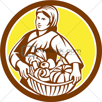 Female Organic Farmer Basket Harvest Retro
