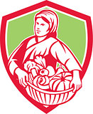 Female Organic Farmer Basket Harvest Shield Retro