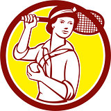 Female Tennis Player Racquet Vintage Circle Retro