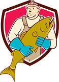 Fishmonger Holding Salmon Fish Shield Cartoon