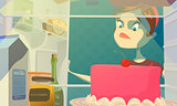Girl on a diet. Woman looks at cake. Vector illustration.