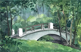 Bridge in a park, watercolor