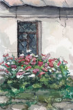 Window and flowers, watercolor