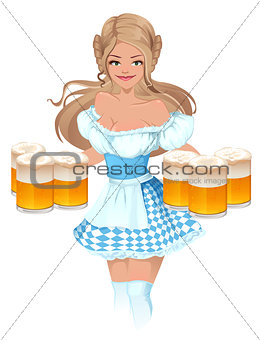 Oktoberfest Beer Festival. German girl waitress holding mugs of beer