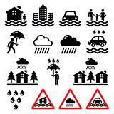 Flood, natural disaster, heavy rain icons set