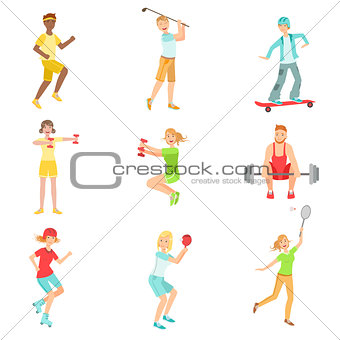 People Enjoying Sports Activities Illustrations
