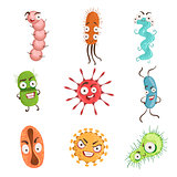 Viruses And Bacterria Cartoon Characters Set