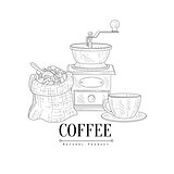 Coffee Mill, Cup and Sack Of Beans Hand Drawn Realistic Sketch