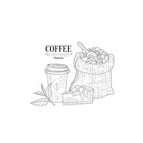 Coffee Cup To Go, Cheesecake And Bag With Beans Hand Drawn Realistic Sketch