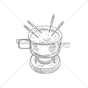 Bowl With Cheese Fondue Hand Drawn Realistic Sketch