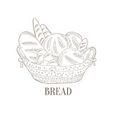 Different Bread In Wicker Basket Hand Drawn Realistic Sketch