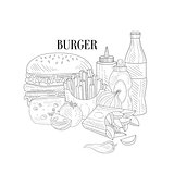 Burger, Fries And Soda Fast Food Lunch Hand Drawn Realistic Sketch