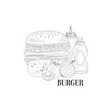 Burger, Ketchup And Mustard Hand Drawn Realistic Sketch