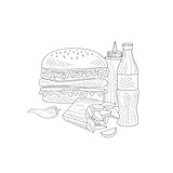Burger, Soda And Fries Fast Food Meal Hand Drawn Realistic Sketch