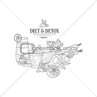 Set Of Detox Vegetarian Food Hand Drawn Realistic Sketch