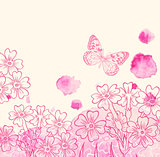 Flowers and pink watercolor blots