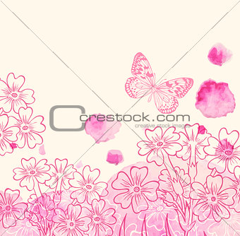 Flowers and pink watercolor blots