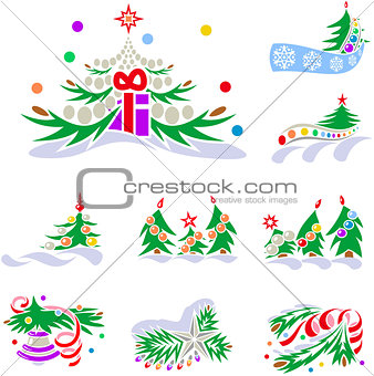 Set of winter holiday decorations with fir trees