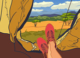 Vector illustration on themes nature of Africa, safari, noon in Savannah, hunting, camping, trip. Sports, , outdoor recreation, adventures in , vacation. Modern design. tent.