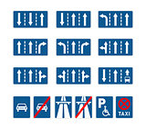 Set of different blue road signs on white