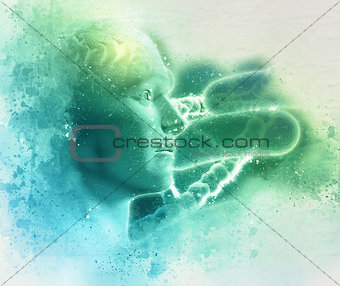 3D male figure with brain on DNA medical background