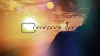 3D female on top of a cliff against a sunset sky