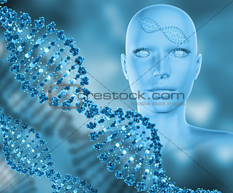 3D medical background with female head and DNA strands