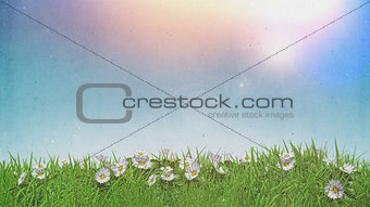 3D daisies in grass sunny sky with grunge retro effect
