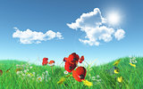 3D poppies in a grassy landscape
