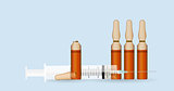 Syringe with Transparent ampoule and substance on blue background