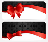 Gift Card Set with Red Ribbon and Bow. Vector illustration
