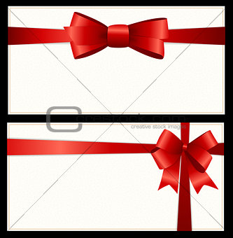 Gift Card Set with Red Ribbon and Bow. Vector illustration