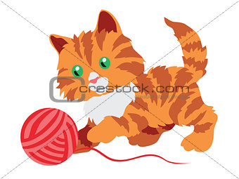 Cute orange kitten playing with a clew isolated on white