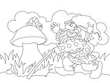 Image of gnome and caterpillar on mushroom.