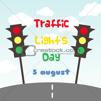 Traffic Light's Day card with road with road landscape.