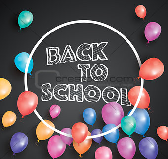 Back to school card with flying balloons and white frame.