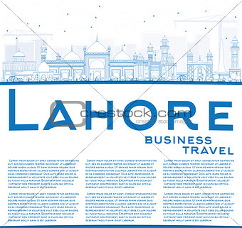 Outline Lahore Skyline with Blue Landmarks and Copy Space. 