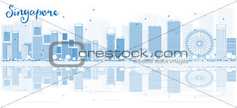 Outline Singapore skyline with blue buildings and reflections. 