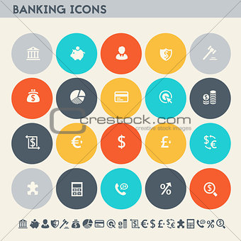Banking icon set. Multicolored square flat buttons